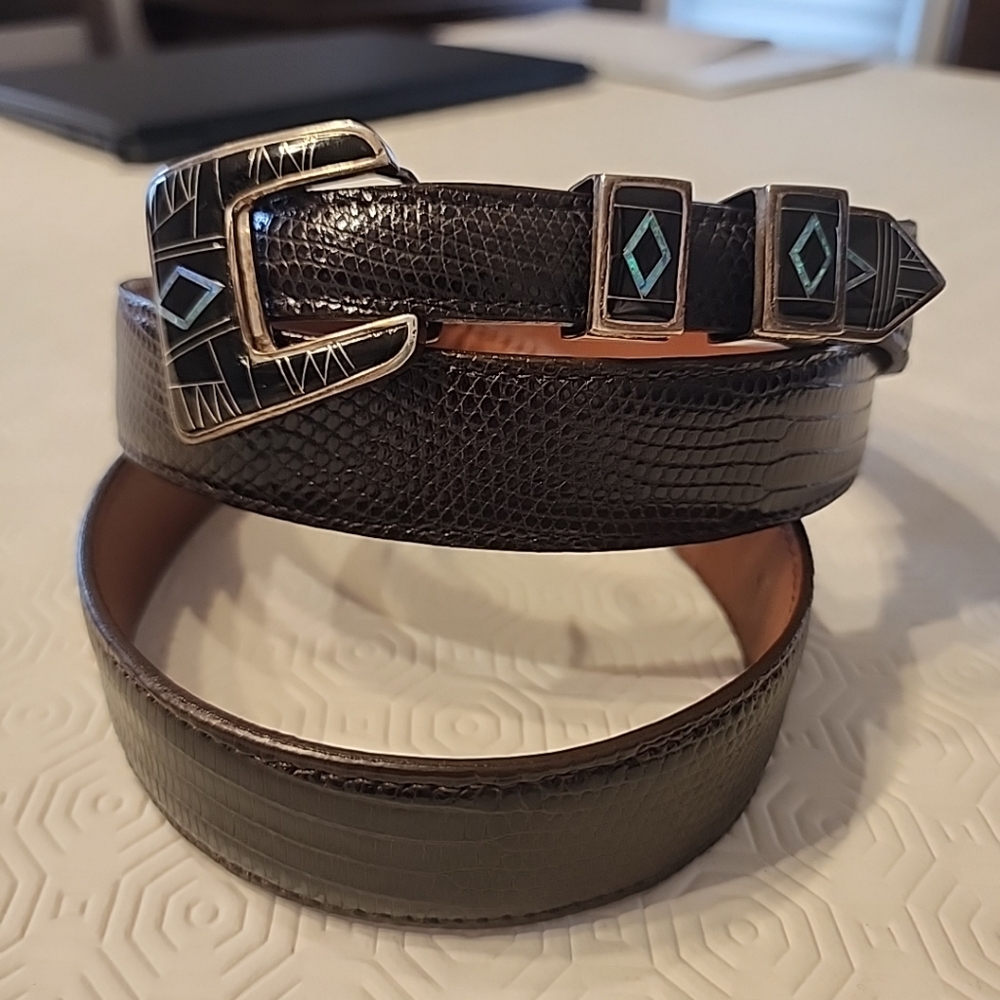 Alexander Kalifano Genuine Lizard Belt 44 Sterling Silver Opal Onyx Buckle READ